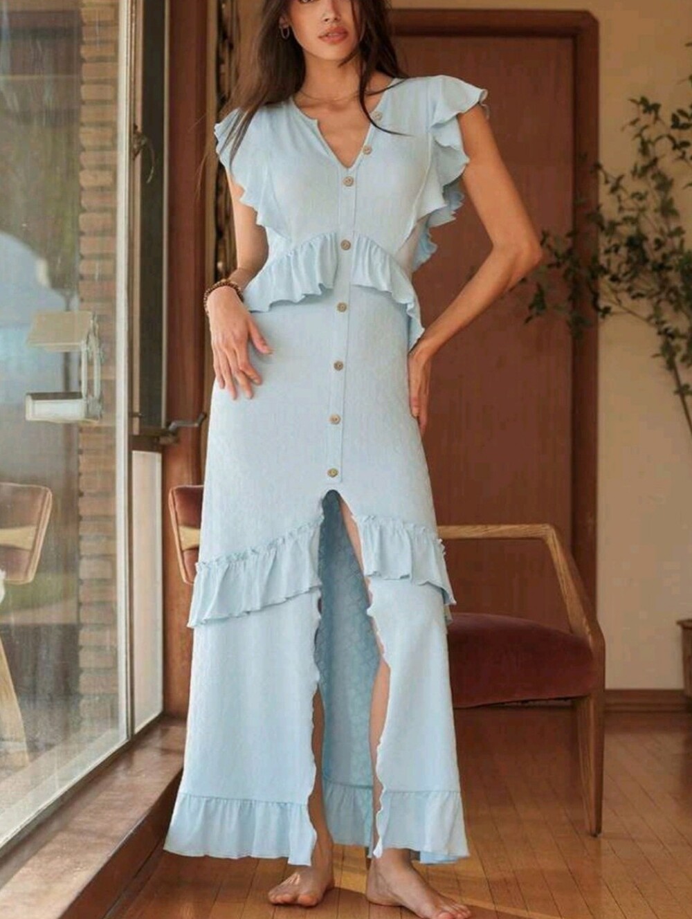Light Blue Size S Sleeveless Ruffled Tiered Maxi Full Button Front Slit V-neck